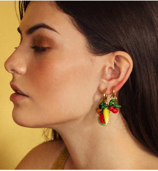 Triple Grocery Banana Cherry Orange Glass Earring