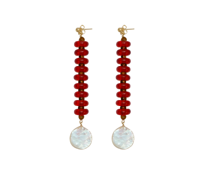 Red and Tiger Eye Rondelle Wave Earrings with Keshi Pearl