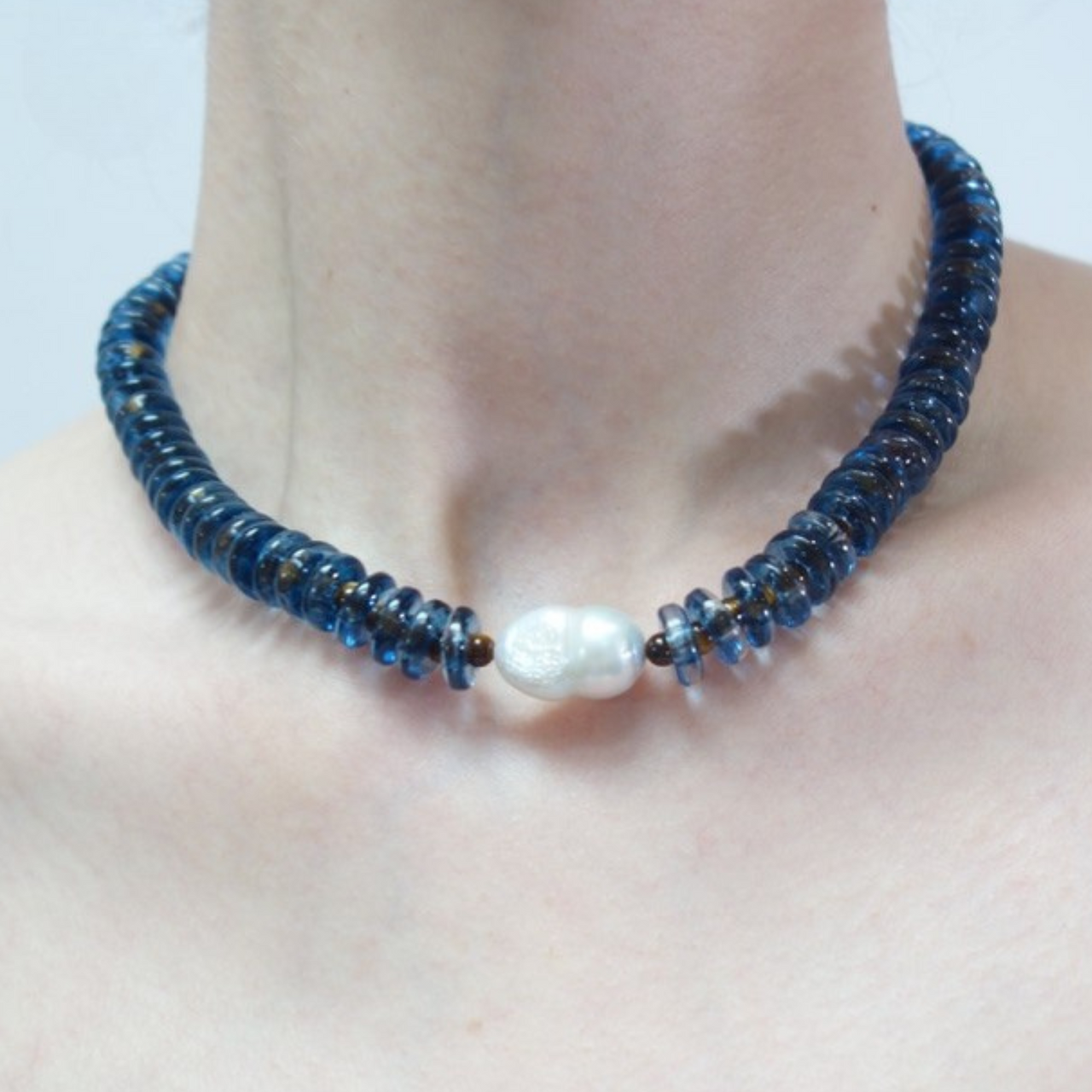 Blue and Tiger Eye Rondelle Wave Necklace with Baroque Pearl