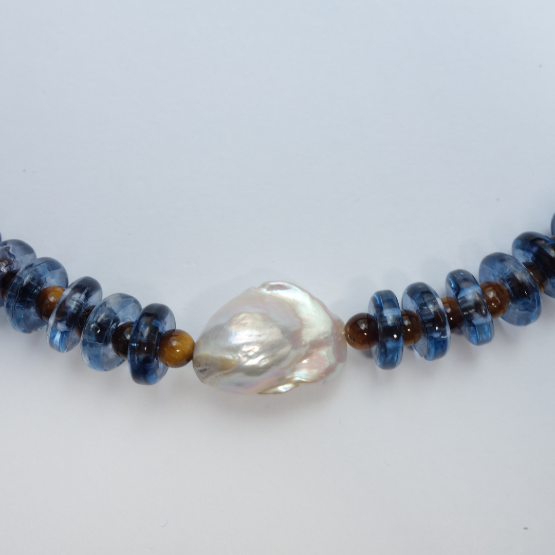 Blue and Tiger Eye Rondelle Wave Necklace with Baroque Pearl