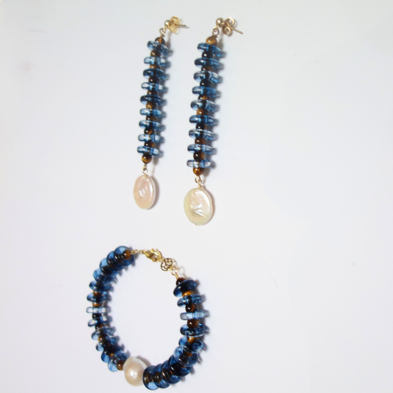 Blue and Tiger Eye Rondelle Wave Necklace with Baroque Pearl