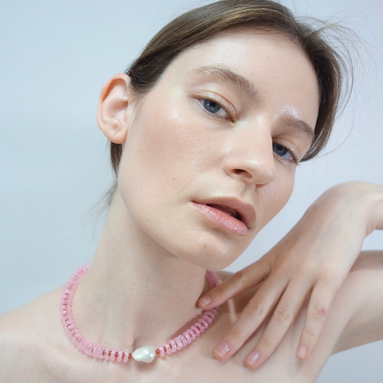 Pink and Red Rondelle Wave Necklace with Baroque Pearl