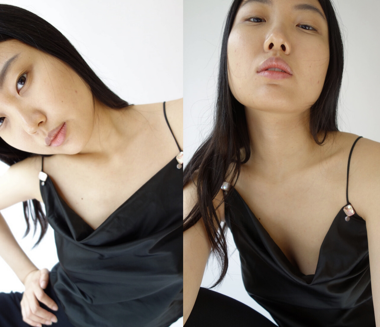Black Satin Strappy Top with Pearl Drops