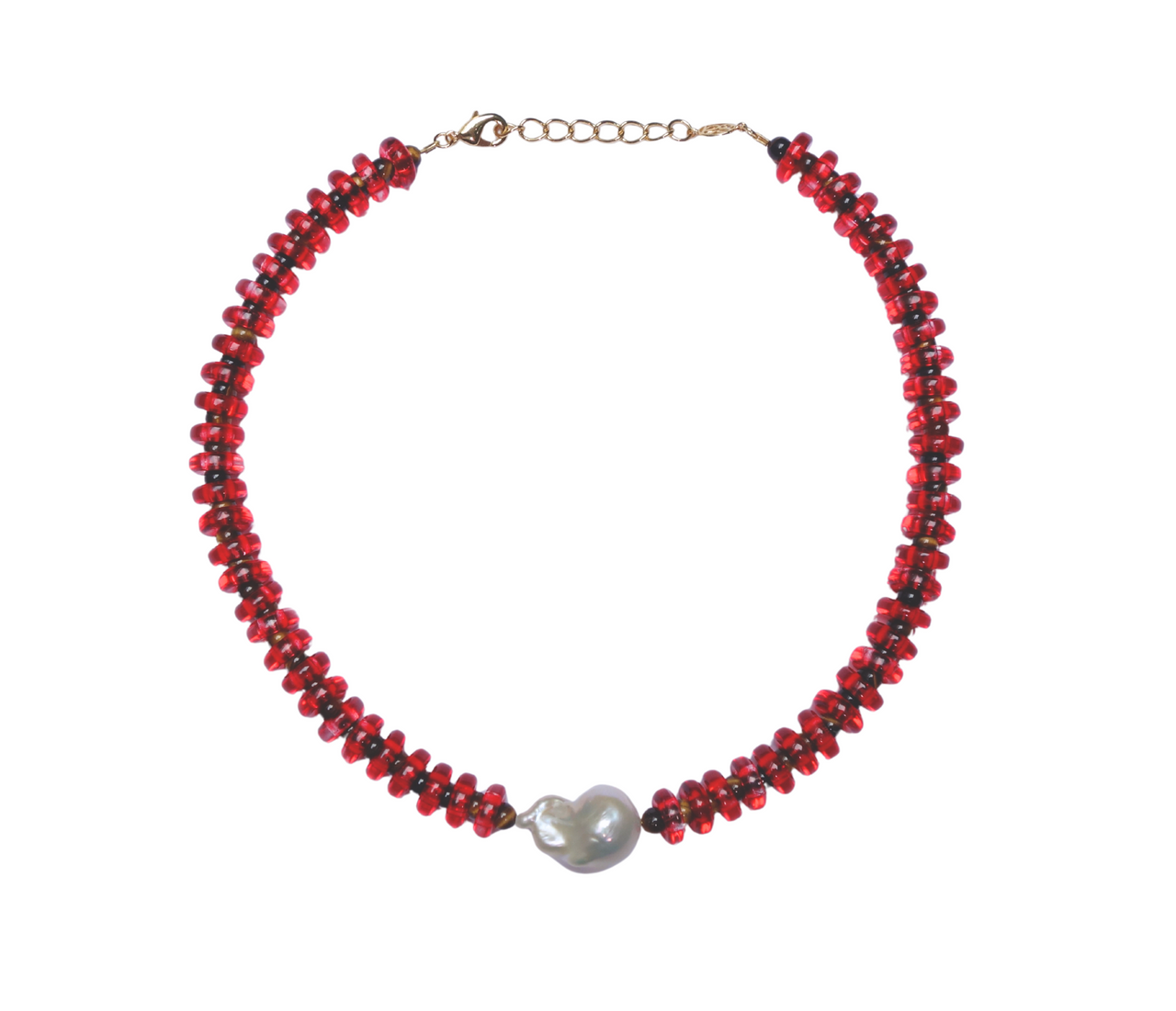 Red and Tiger Eye Rondelle Wave Necklace with Baroque Pearl