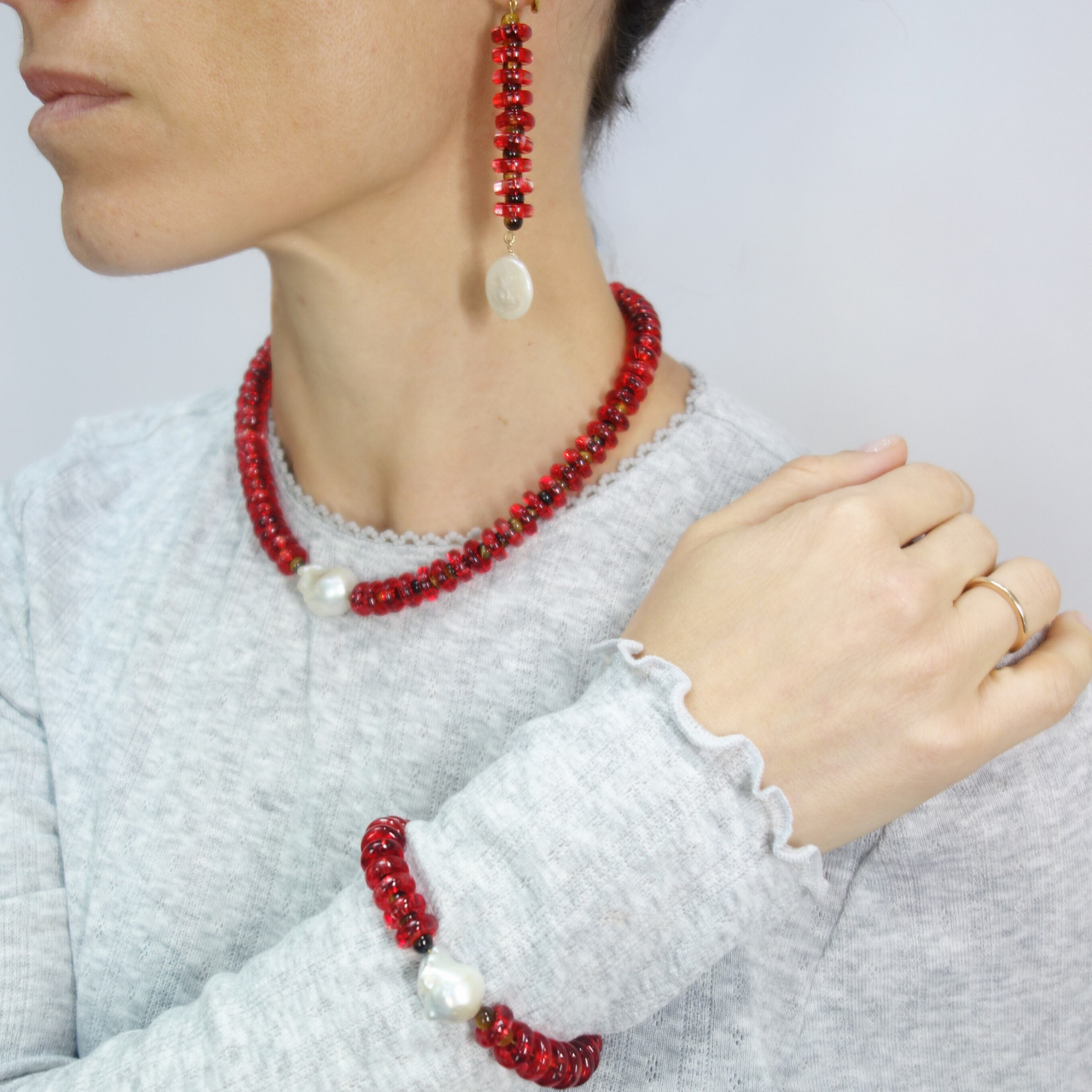 Red and Tiger Eye Rondelle Wave Earrings with Keshi Pearl