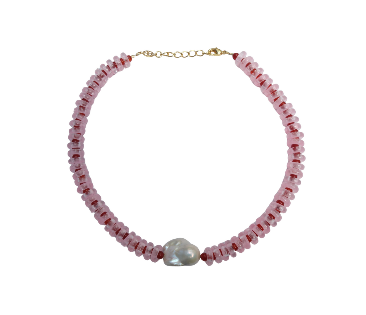 Pink and Red Rondelle Wave Necklace with Baroque Pearl
