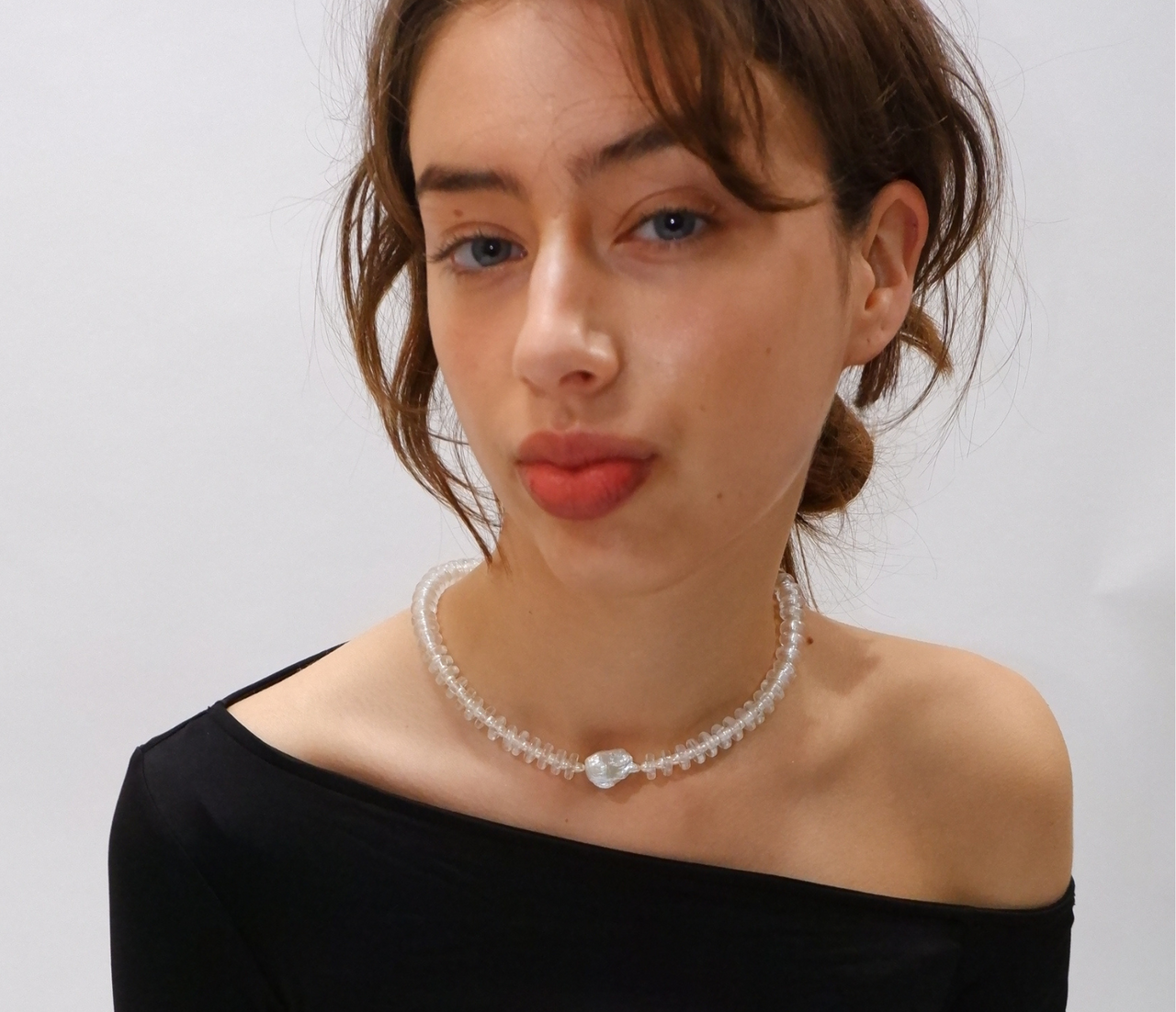 Clear Glass and Freshwater Pearl Rondelle Wave Necklace with Baroque Pearl