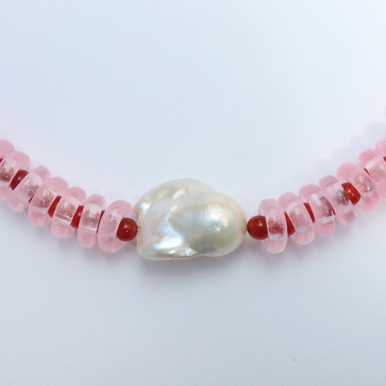 Pink and Red Rondelle Wave Necklace with Baroque Pearl