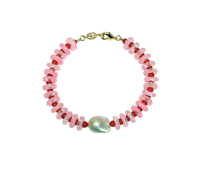 Pink and Red Rondelle Wave Bracelet with Baroque Pearl