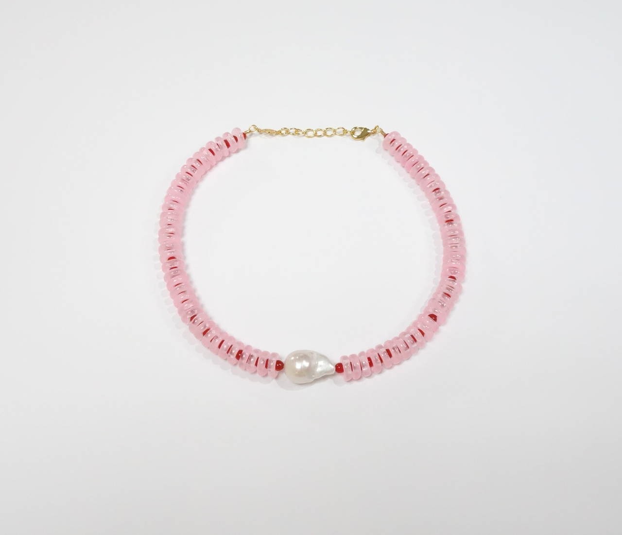 Pink and Red Rondelle Wave Necklace with Baroque Pearl