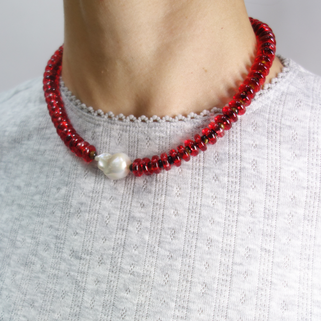 Red and Tiger Eye Rondelle Wave Necklace with Baroque Pearl