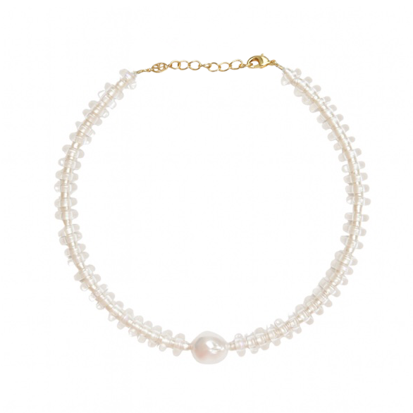 Clear Glass and Freshwater Pearl Rondelle Wave Necklace with Baroque Pearl