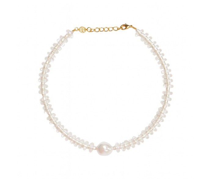 Clear Glass and Freshwater Pearl Rondelle Wave Necklace with Baroque Pearl