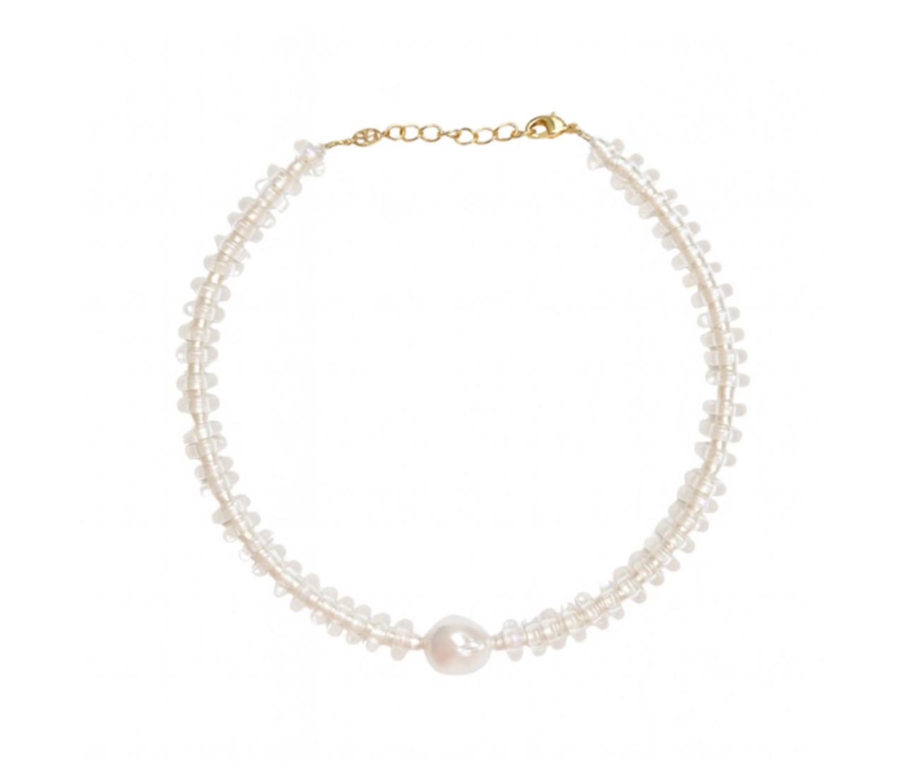Clear Glass and Freshwater Pearl Rondelle Wave Necklace with Baroque Pearl