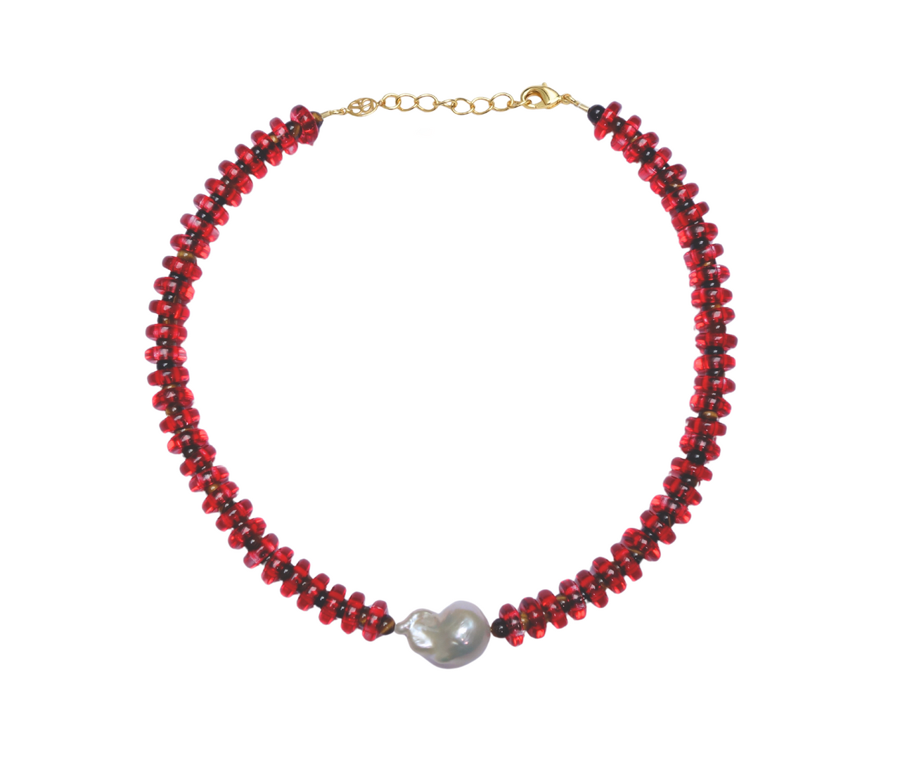 Red and Tiger Eye Rondelle Wave Necklace with Baroque Pearl