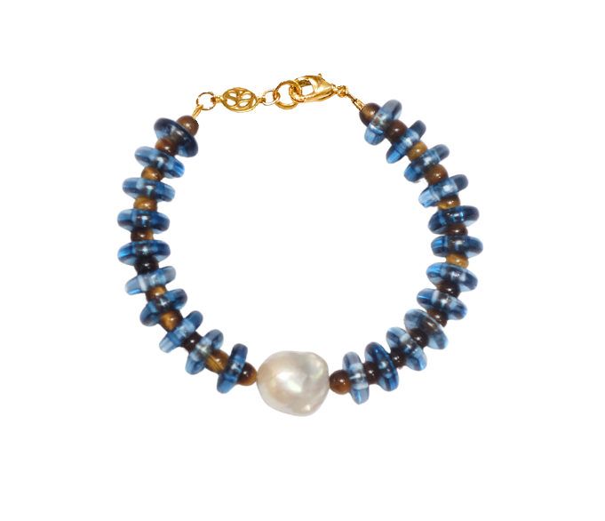 Blue and Tiger Eye Rondelle Wave Bracelet with Baroque Pearl