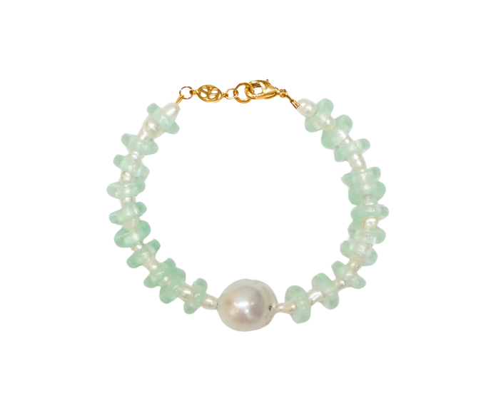 Mint and Freshwater Pearl Rondelle Wave Bracelet with Baroque Pearl