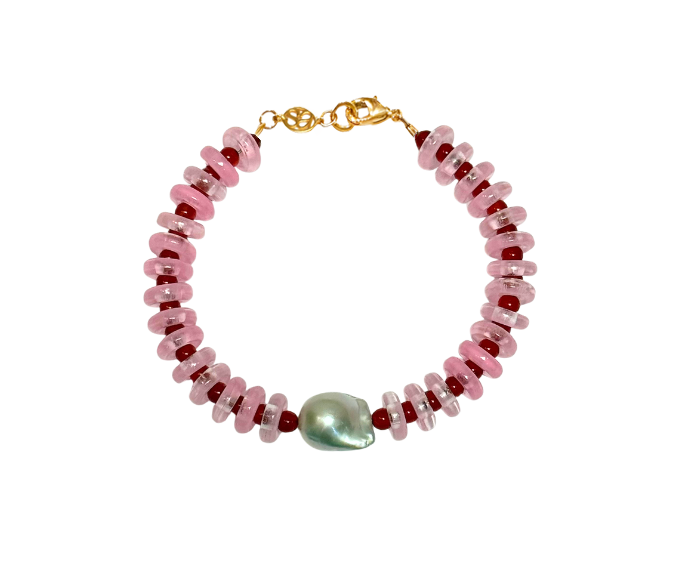 Pink and Red Rondelle Wave Bracelet with Baroque Pearl