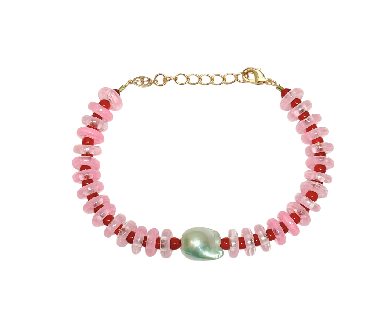 Pink and Red Rondelle Wave Bracelet with Baroque Pearl