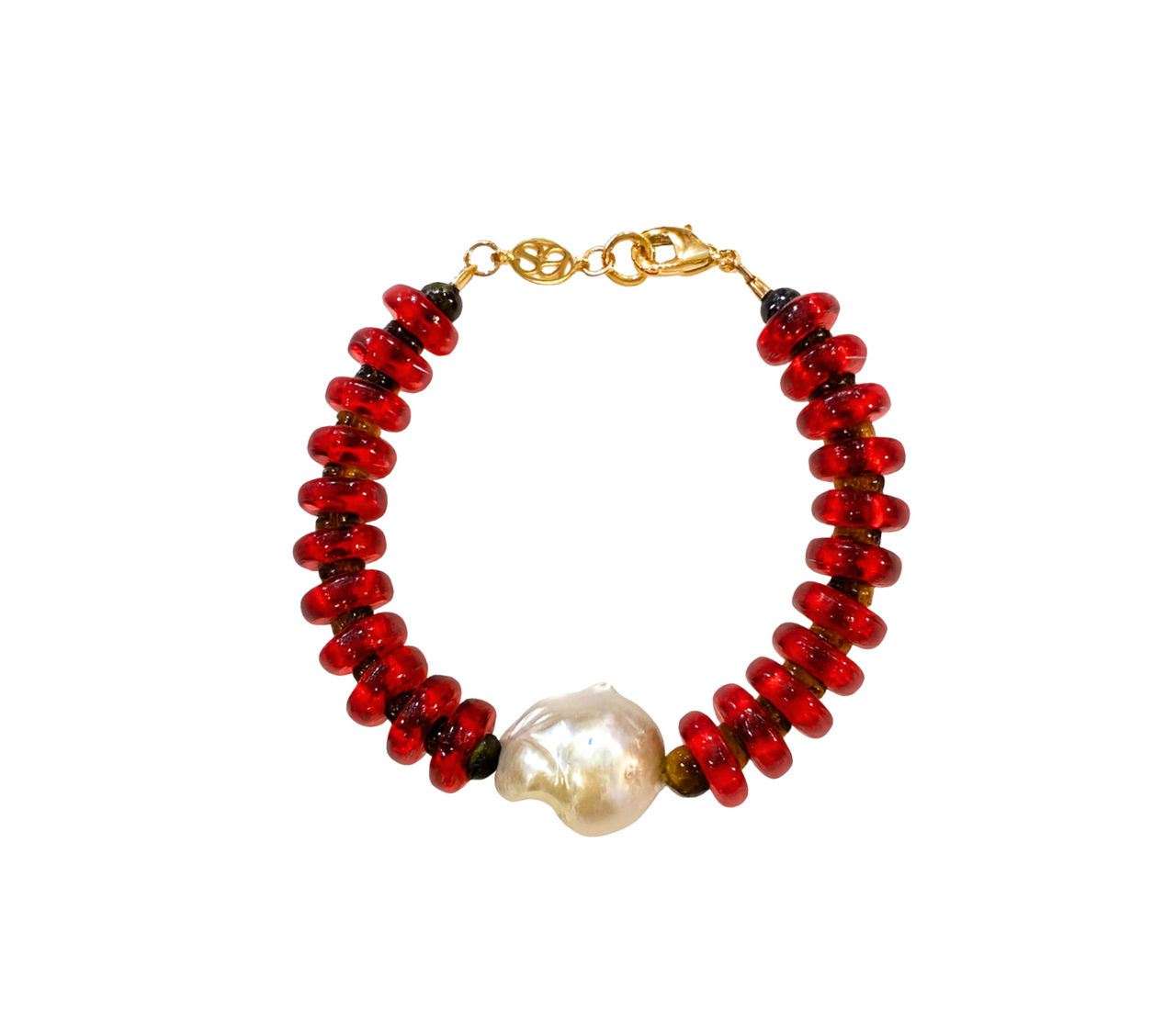 Red and Tiger Eye Rondelle Wave Bracelet with Baroque Pearl