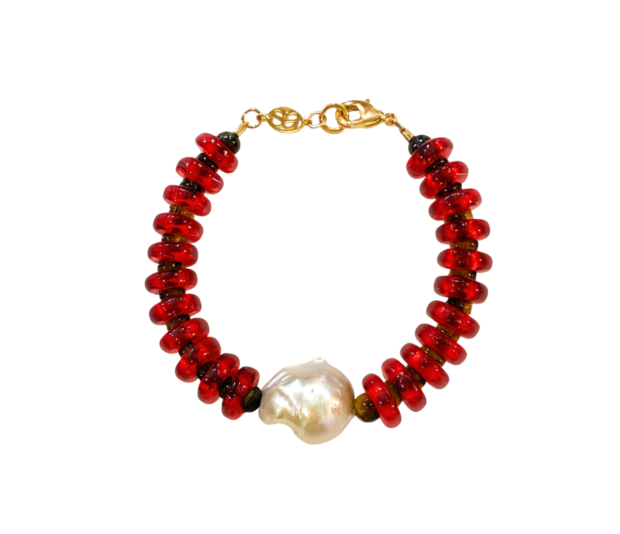 Red and Tiger Eye Rondelle Wave Bracelet with Baroque Pearl
