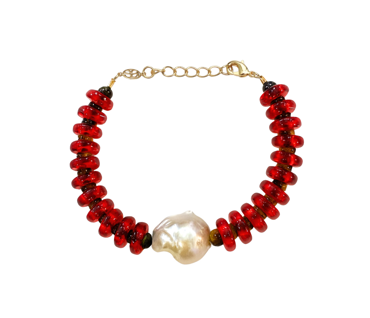 Red and Tiger Eye Rondelle Wave Bracelet with Baroque Pearl