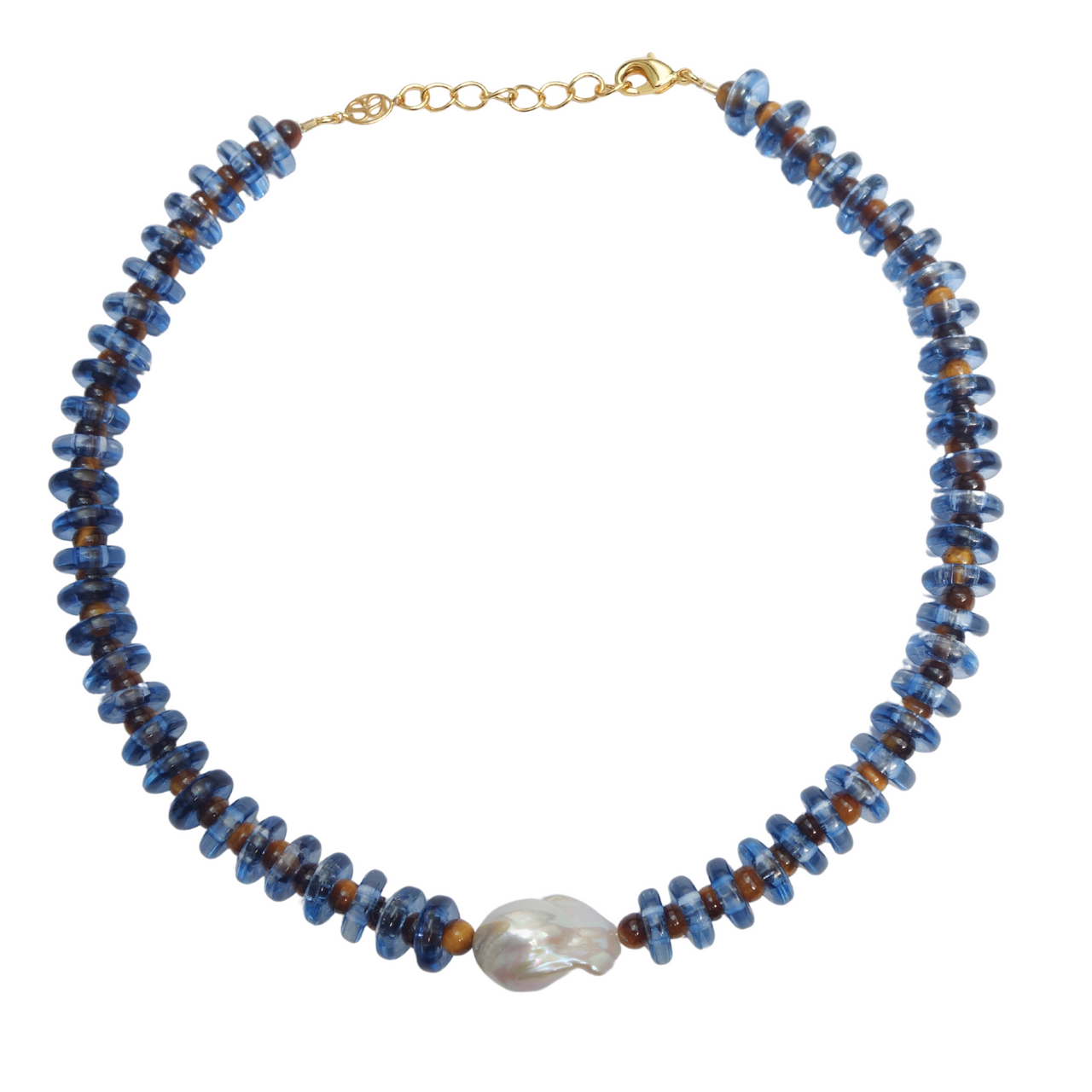 Blue and Tiger Eye Rondelle Wave Necklace with Baroque Pearl
