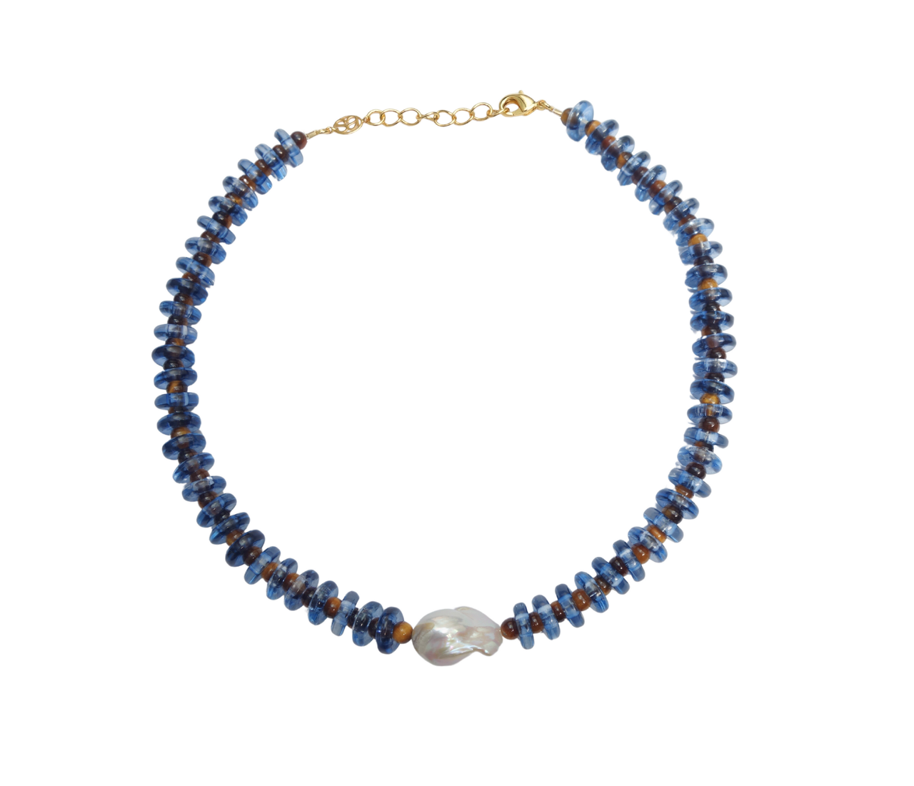 Blue and Tiger Eye Rondelle Wave Necklace with Baroque Pearl