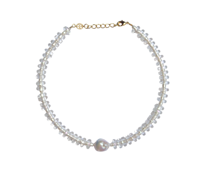 Clear Glass and Freshwater Pearl Rondelle Wave Necklace with Baroque Pearl