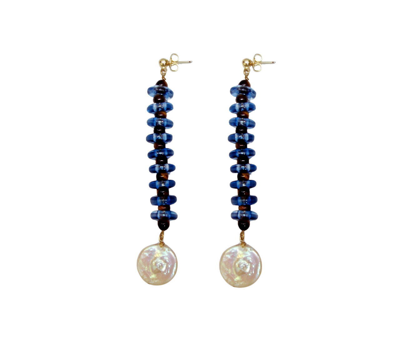 Blue and Tiger Eye Rondelle Wave earrings with keshi pearl