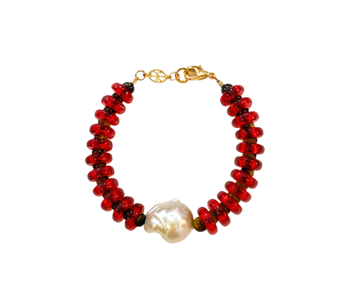 Red and Tiger Eye Rondelle Wave Bracelet with Baroque Pearl