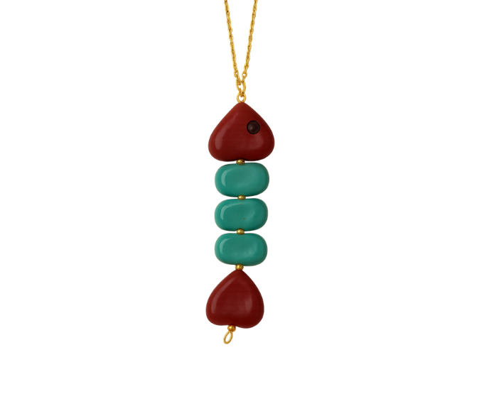 Carpa Fish Chain Necklace Turquoise and Red- SAMPLE