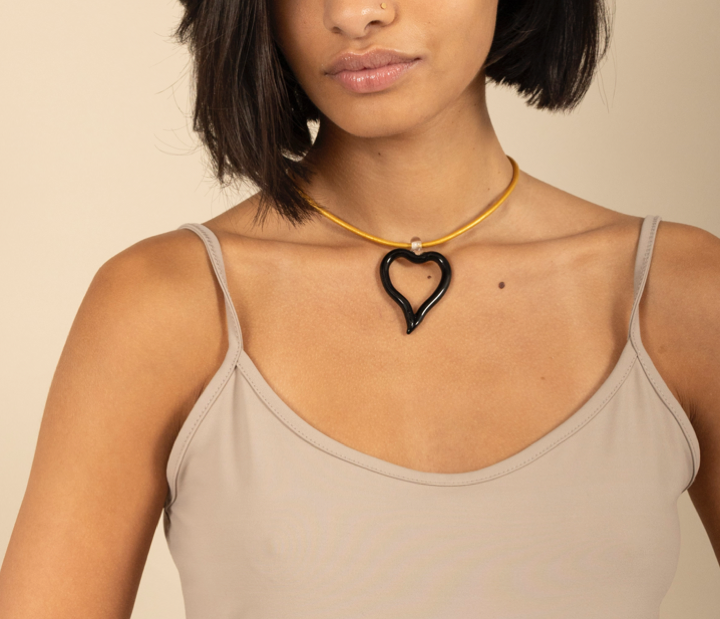 XL Heart of Glass Black & Gold Leather Cord Necklace