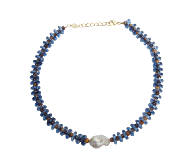 Blue and Tiger Eye Rondelle Wave Necklace with Baroque Pearl