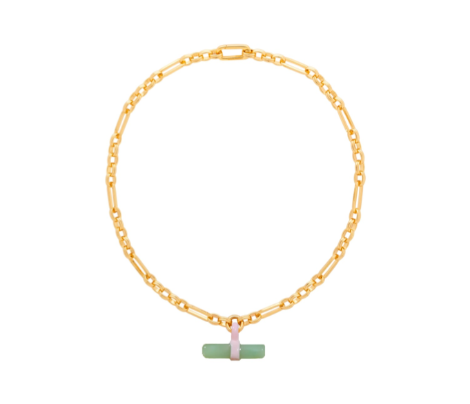 Glass T-Bar Mixed Chain Green & Pink Necklace