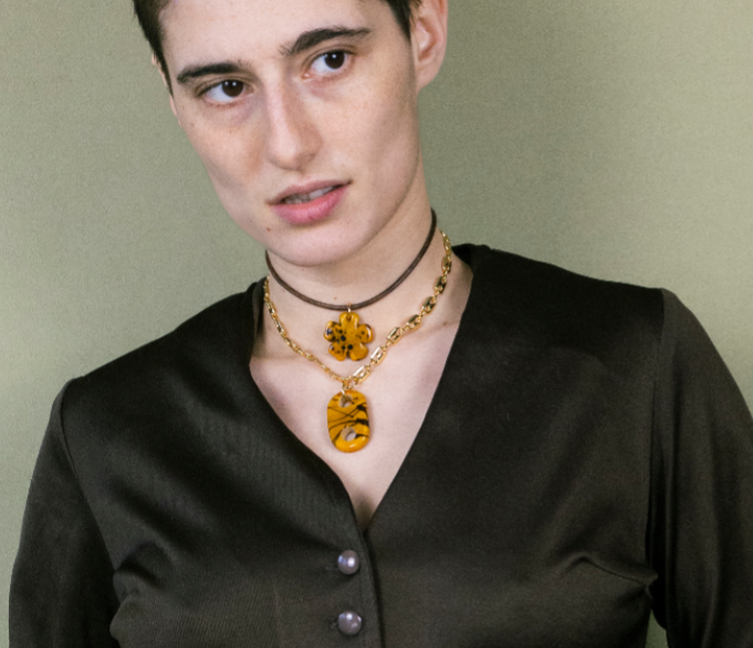 Clover Mustard Leather Cord Necklace