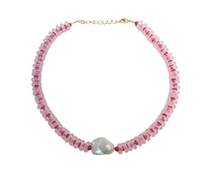 Pink and Red Rondelle Wave Necklace with Baroque Pearl