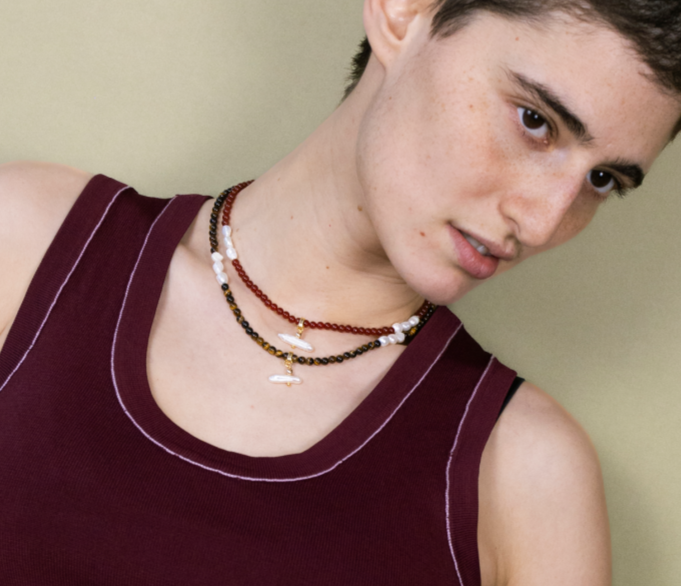 Pearl T Bar and Agate Red Stone Necklace