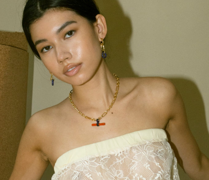 Glass T-Bar Mixed Chain Coral & Blue Necklace