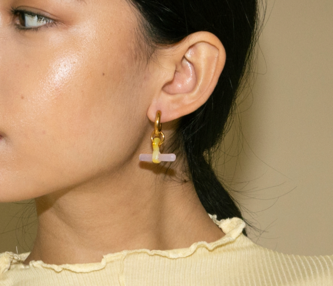 Glass T Bar Pink & Yellow Earring