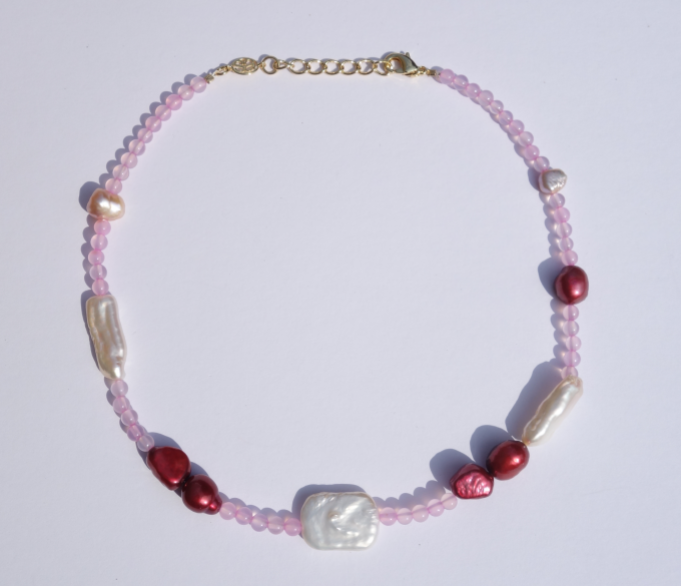 PINK SEMI PRECIOUS STONE AND PEARL BEAD NECKLACE