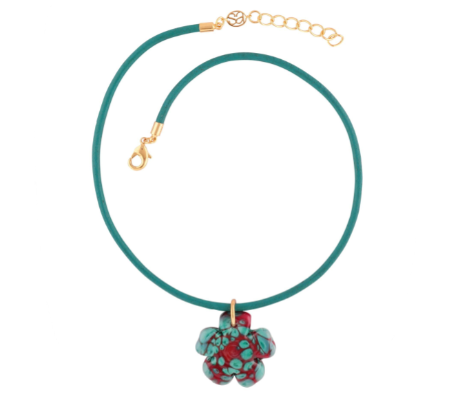 Clover Red & Turquoise Leather Cord Necklace
