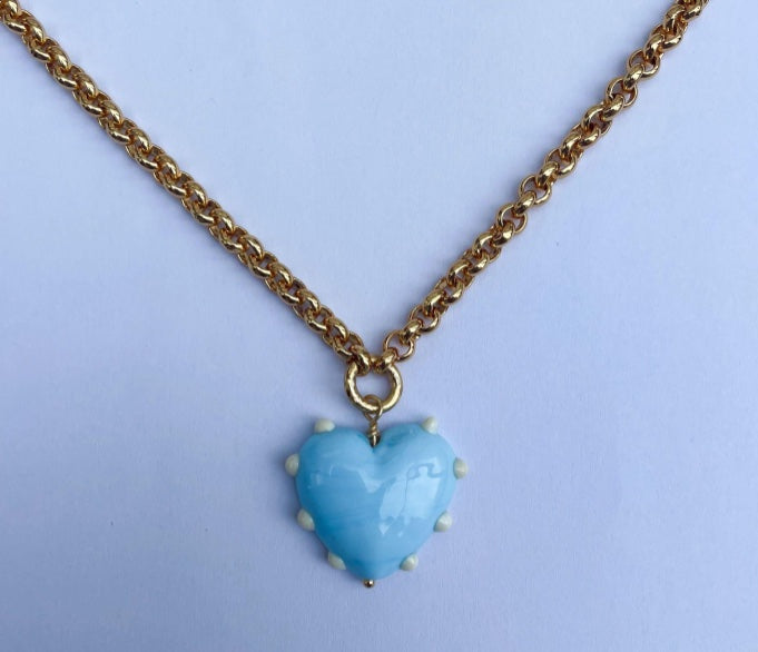 XL Milagros Heart Light Blue Belcher Chain Necklace - SAMPLE