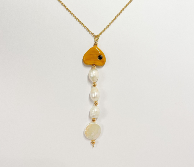 Carpa Fish Necklace in Mustard & Pearls - SAMPLE