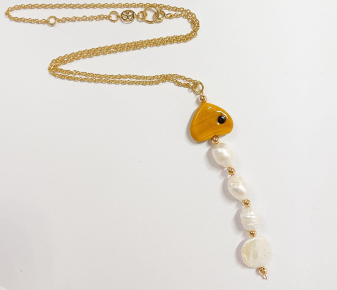 Carpa Fish Necklace in Mustard & Pearls - SAMPLE