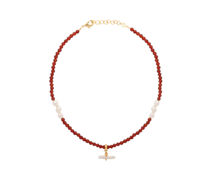 Pearl T Bar and Agate Red Stone Necklace