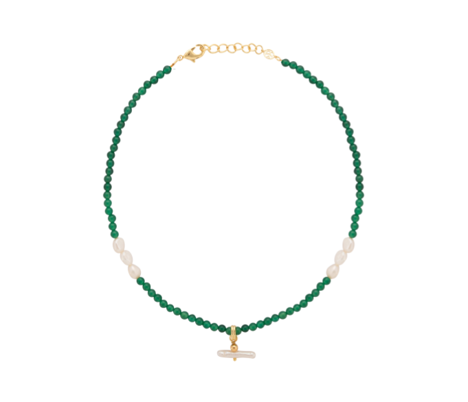 Pearl T Bar and Olive Jade Stone Necklace