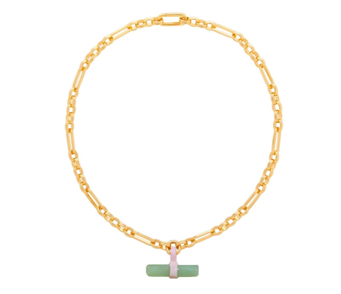 Glass T-Bar Mixed Chain Green & Pink Necklace