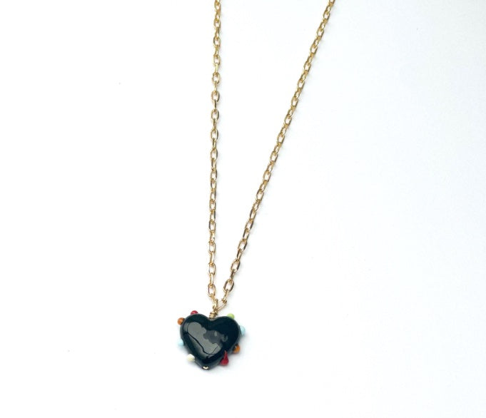 Black Milagros Heart with Multi Dots Link Chain Necklace - SAMPLE