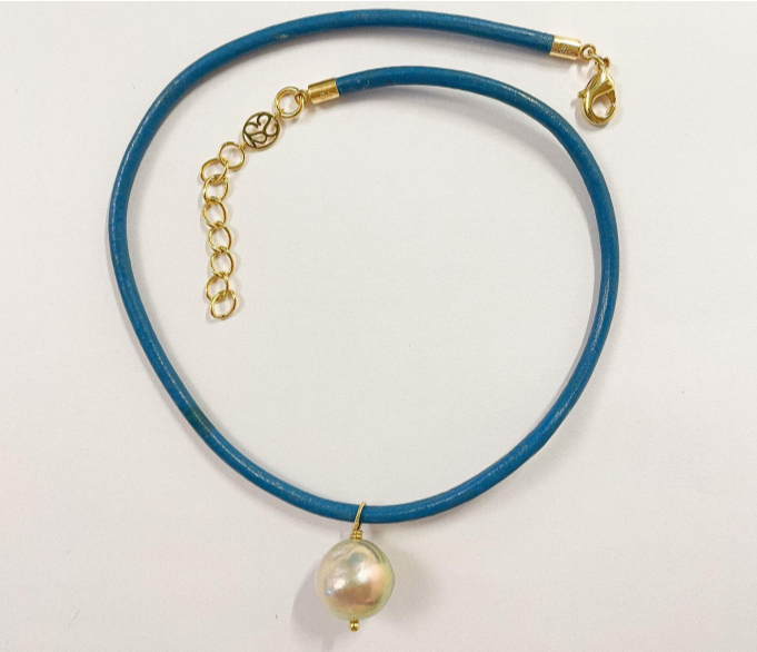 Pearl Leather Cord Choker Necklace Blue- SAMPLE